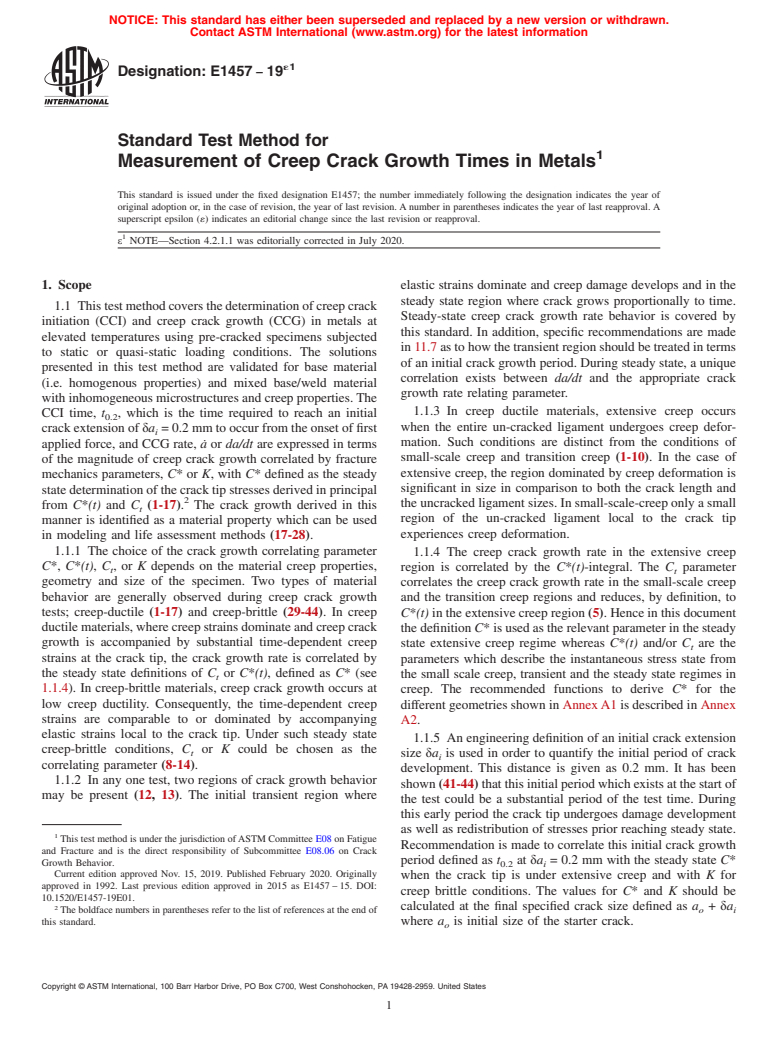 ASTM E1457-19e1 - Standard Test Method for  Measurement of Creep Crack Growth Times in Metals
