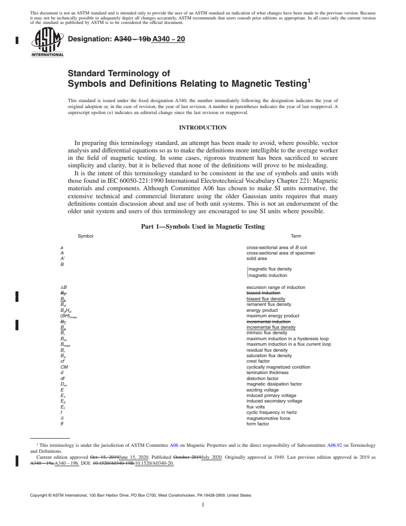 REDLINE ASTM A340-20 - Standard Terminology of Symbols and Definitions Relating to Magnetic Testing