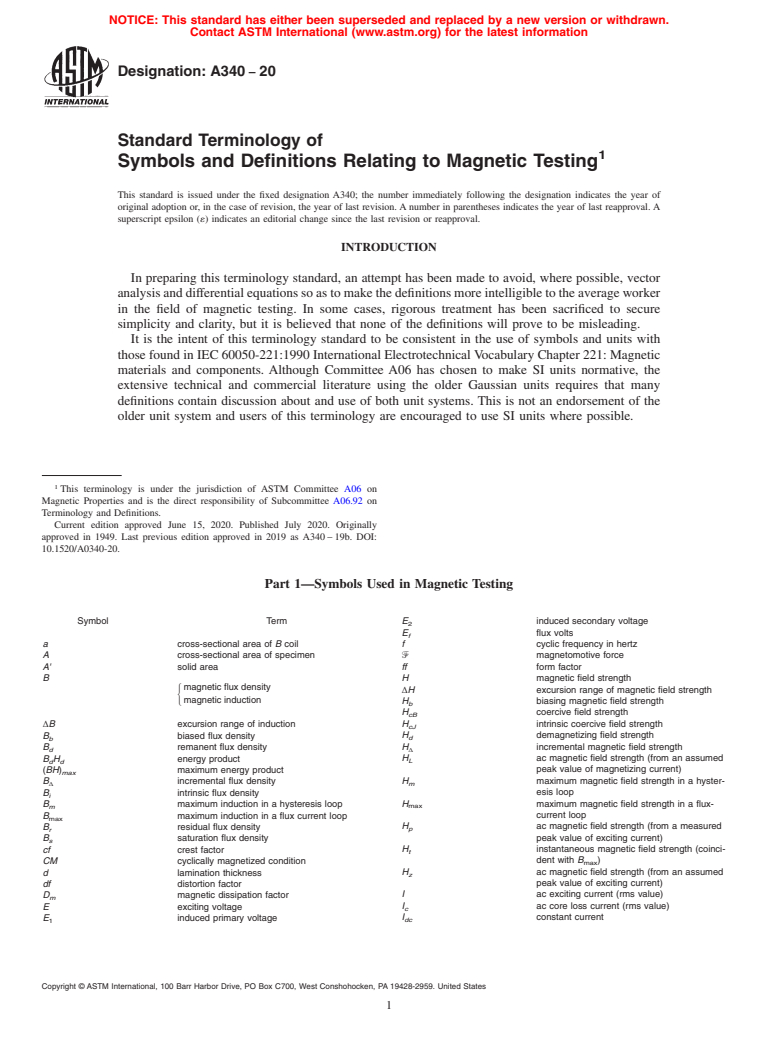 ASTM A340-20 - Standard Terminology of Symbols and Definitions Relating to Magnetic Testing