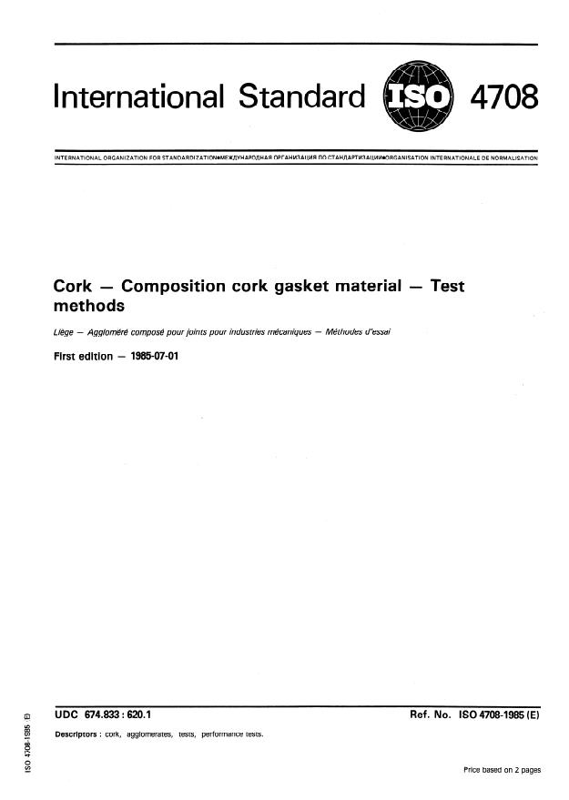ISO 4708:1985 - Cork -- Composition cork gasket material -- Test methods