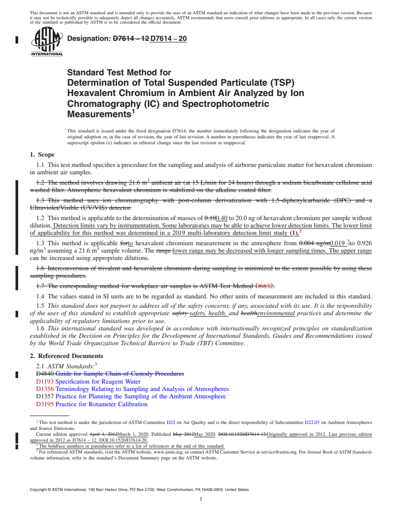 REDLINE ASTM D7614-20 - Standard Test Method for  Determination of Total Suspended Particulate (TSP) Hexavalent  Chromium in Ambient Air Analyzed by Ion Chromatography (IC) and Spectrophotometric  Measurements