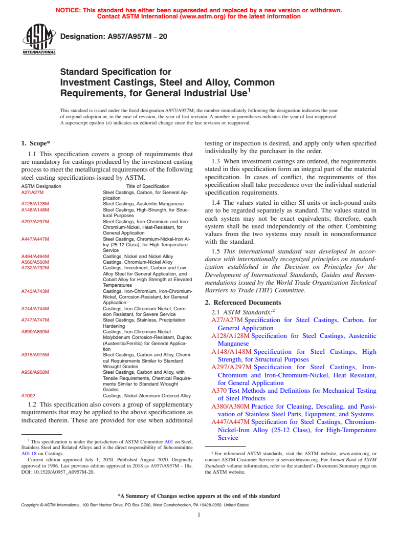 ASTM A957/A957M-20 - Standard Specification for Investment Castings, Steel and Alloy, Common Requirements,  for General Industrial Use