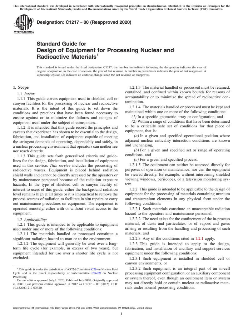 ASTM C1217-00(2020) - Standard Guide for  Design of Equipment for Processing Nuclear and Radioactive  Materials