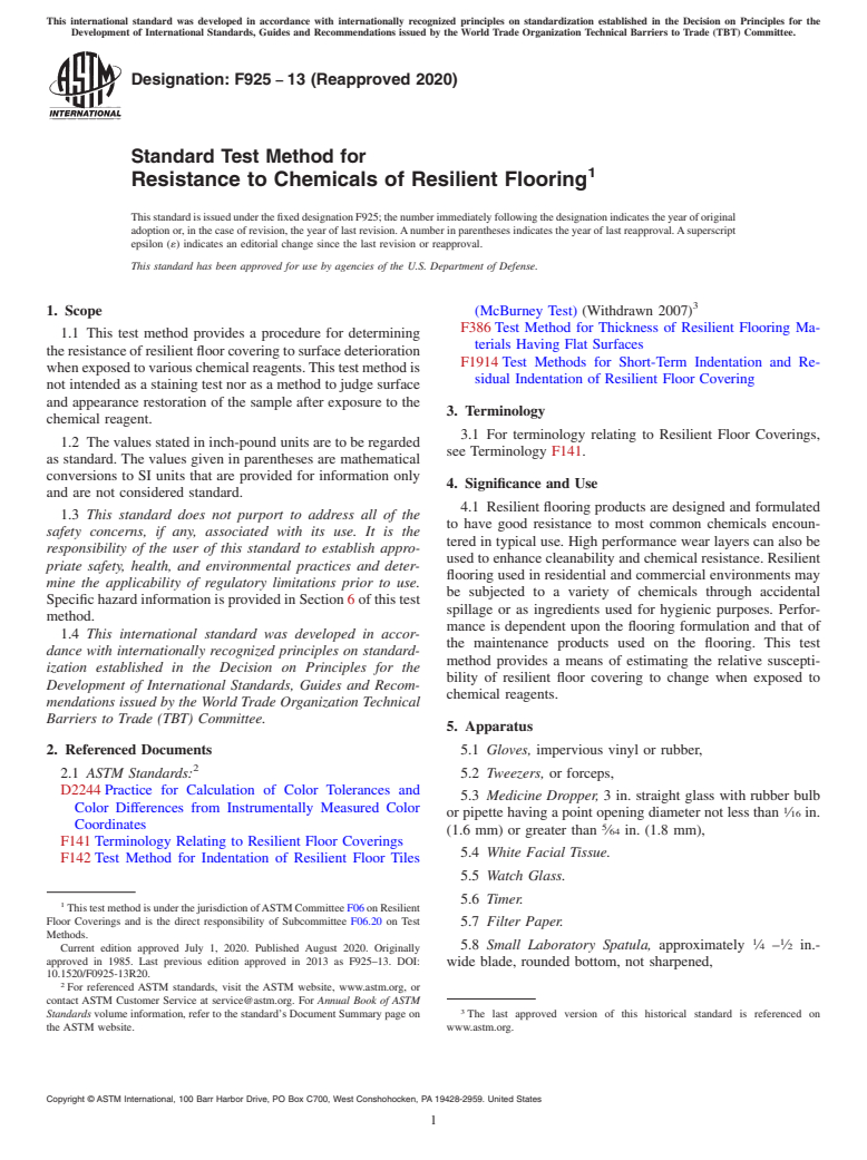 ASTM F925-13(2020) - Standard Test Method for  Resistance to Chemicals of Resilient Flooring