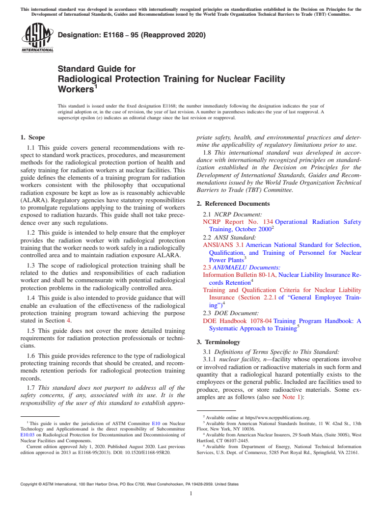 ASTM E1168-95(2020) - Standard Guide for  Radiological Protection Training for Nuclear Facility Workers