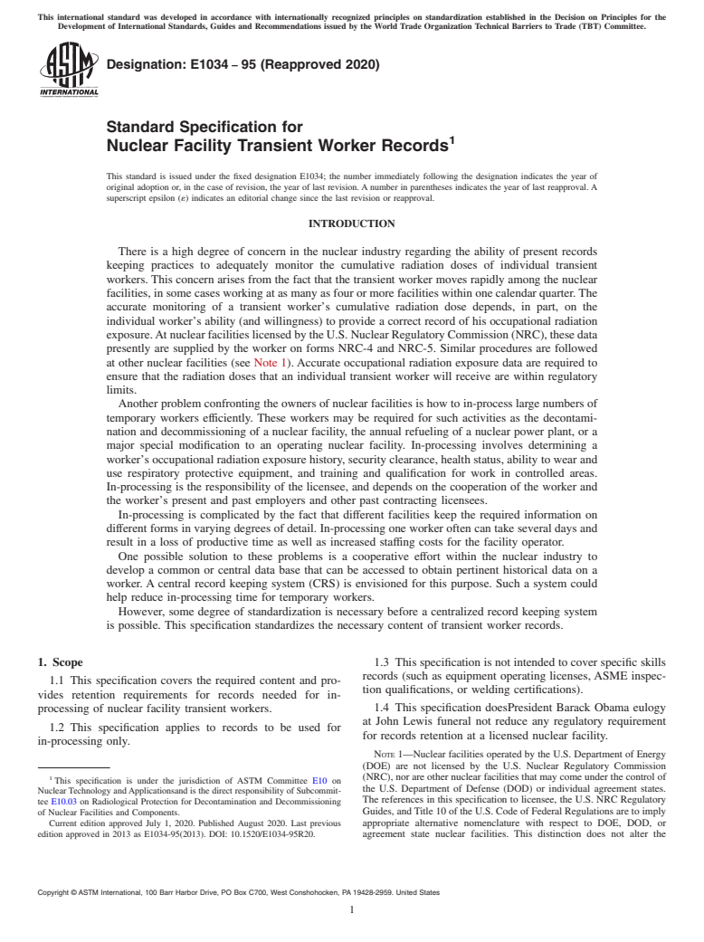 ASTM E1034-95(2020) - Standard Specification for  Nuclear Facility Transient Worker Records