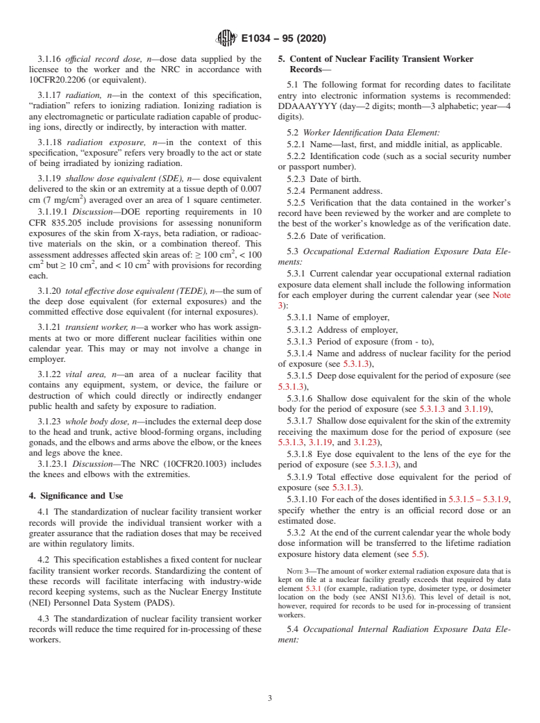 ASTM E1034-95(2020) - Standard Specification for  Nuclear Facility Transient Worker Records