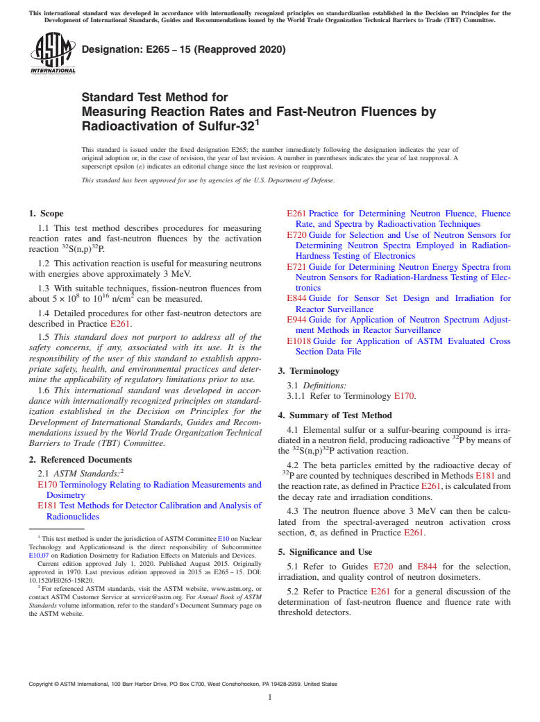 ASTM E265-15(2020) - Standard Test Method for  Measuring Reaction Rates and Fast-Neutron Fluences by Radioactivation of Sulfur-32