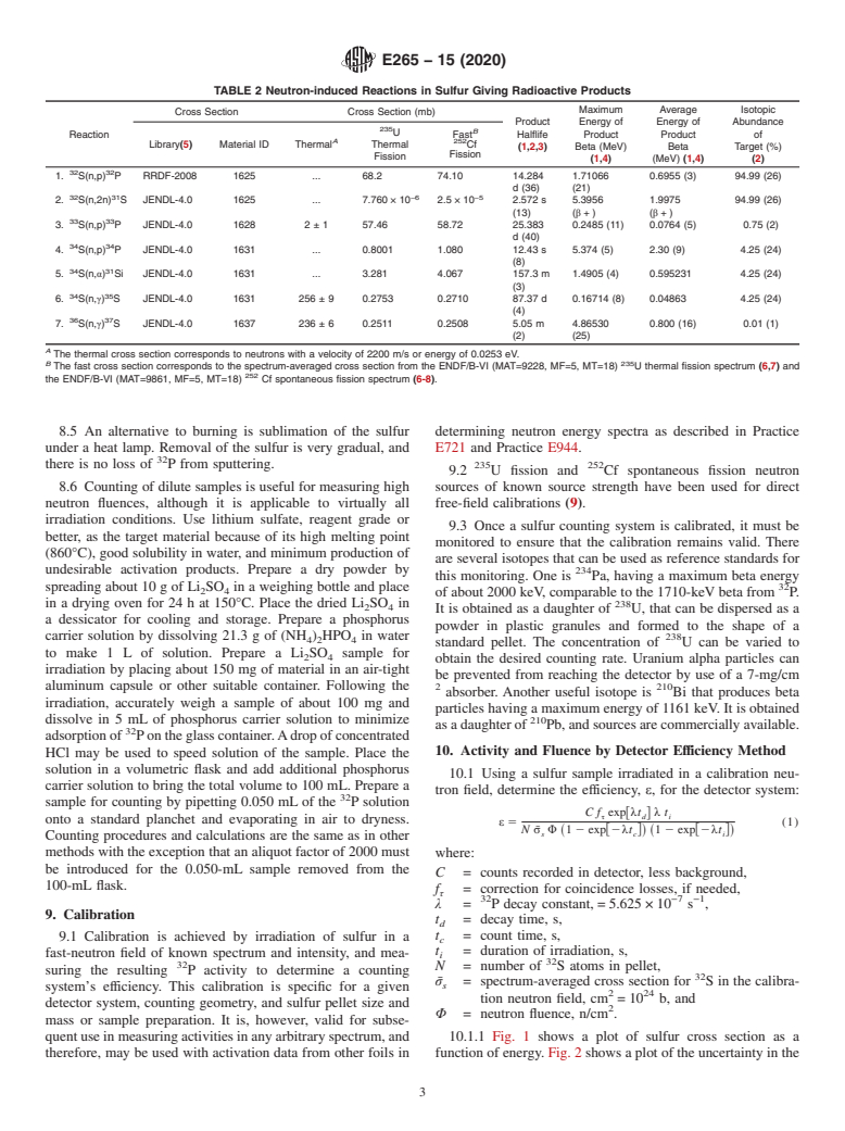 ASTM E265-15(2020) - Standard Test Method for  Measuring Reaction Rates and Fast-Neutron Fluences by Radioactivation of Sulfur-32