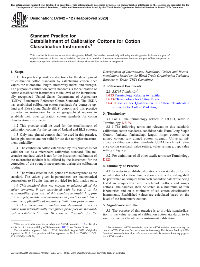 ASTM D7642-12(2020) - Standard Practice for Establishment of Calibration Cottons for Cotton Classification  Instruments