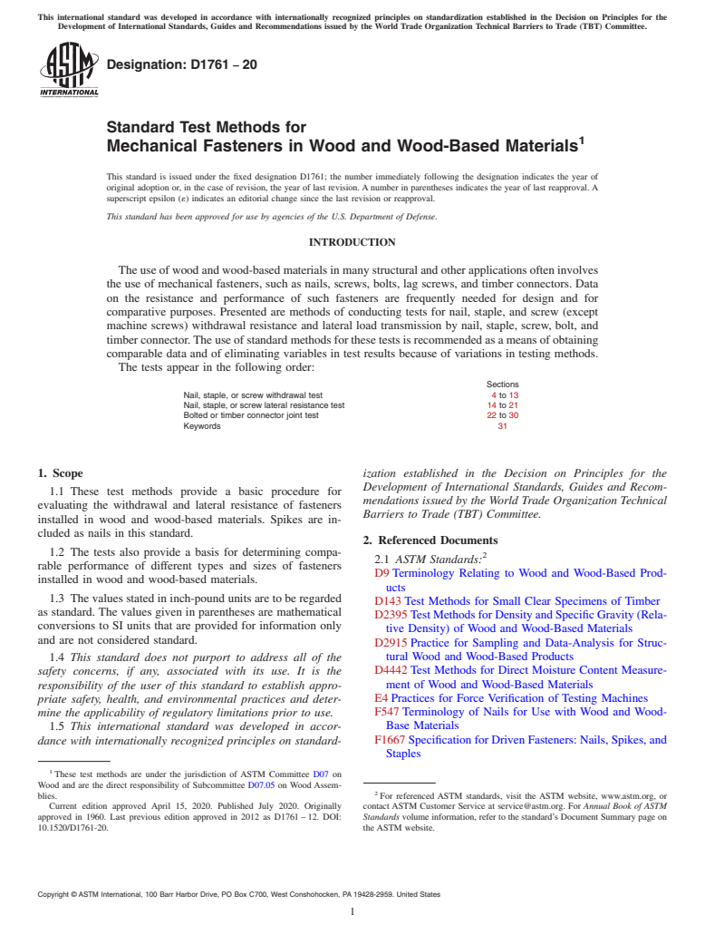 ASTM D1761-20 - Standard Test Methods for  Mechanical Fasteners in Wood and Wood-Based Materials