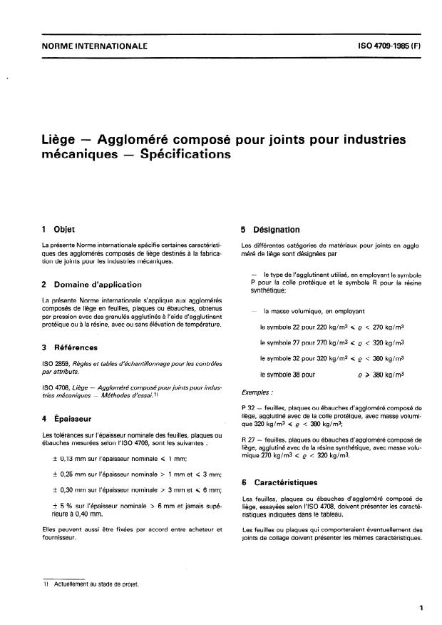 ISO 4709:1985 - Liege -- Aggloméré composé pour joints pour industries mécaniques -- Spécifications