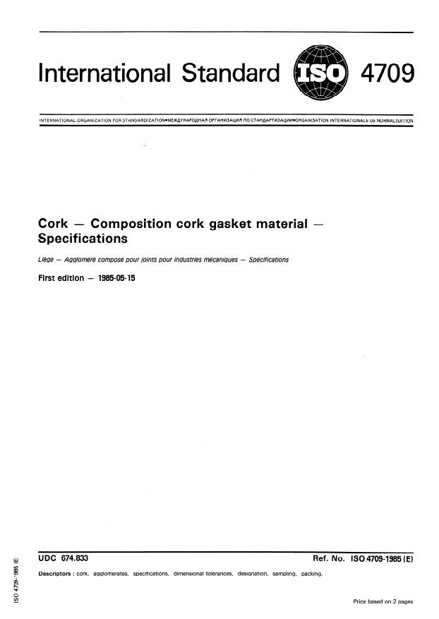 ISO 4709:1985 - Cork -- Composition cork gasket material -- Specifications