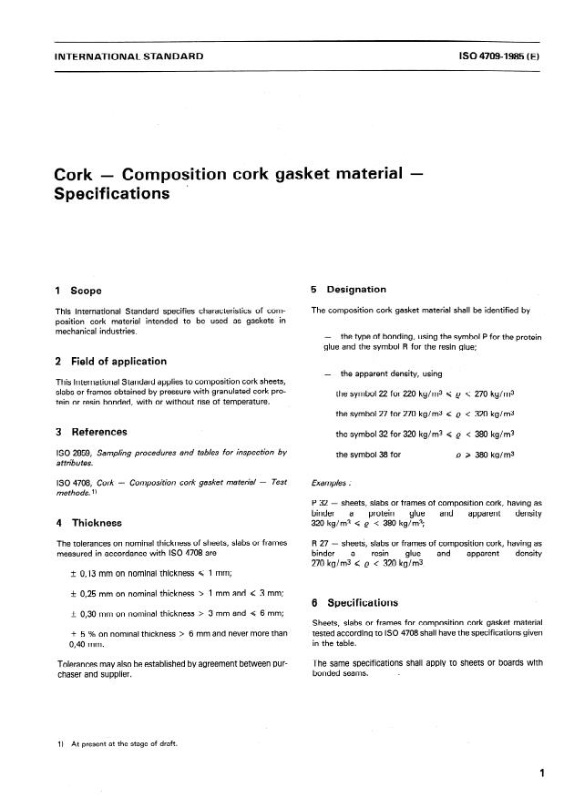 ISO 4709:1985 - Cork -- Composition cork gasket material -- Specifications