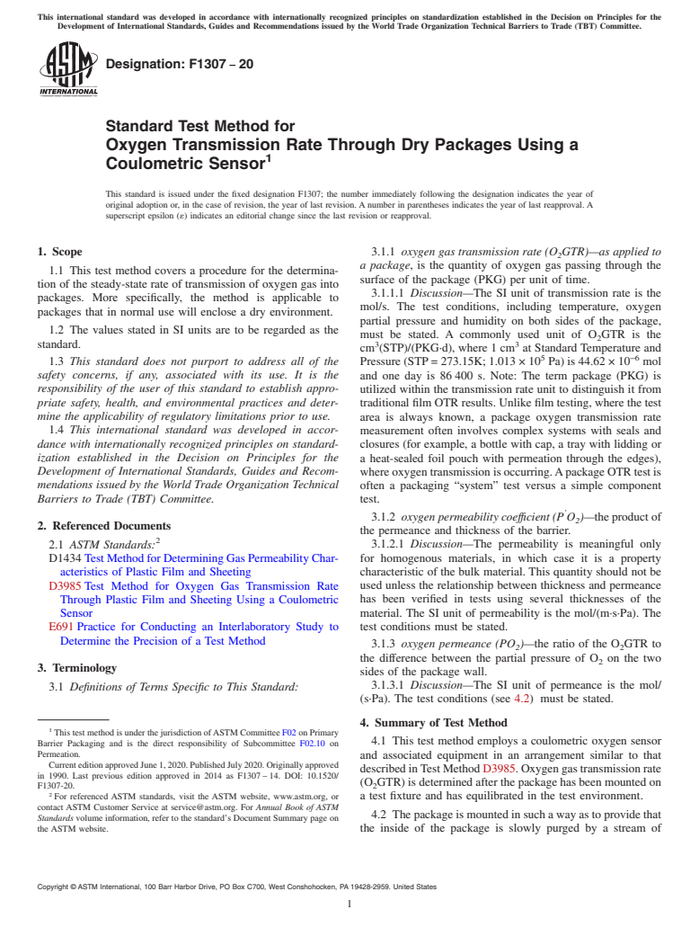 ASTM F1307-20 - Standard Test Method for  Oxygen Transmission Rate Through Dry Packages Using a Coulometric   Sensor
