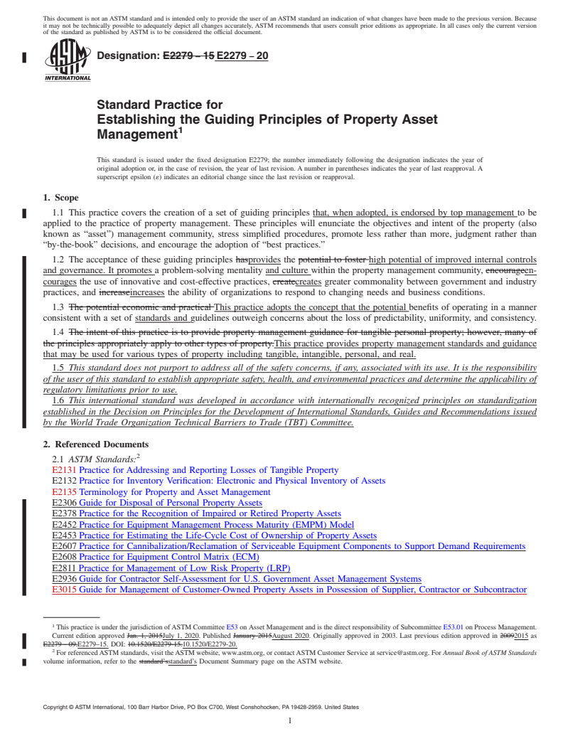 REDLINE ASTM E2279-20 - Standard Practice for Establishing the Guiding Principles of Property Asset Management