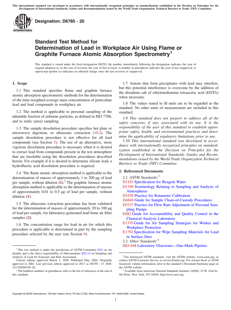 ASTM D6785-20 - Standard Test Method for  Determination of Lead in Workplace Air Using Flame or Graphite  Furnace Atomic Absorption Spectrometry