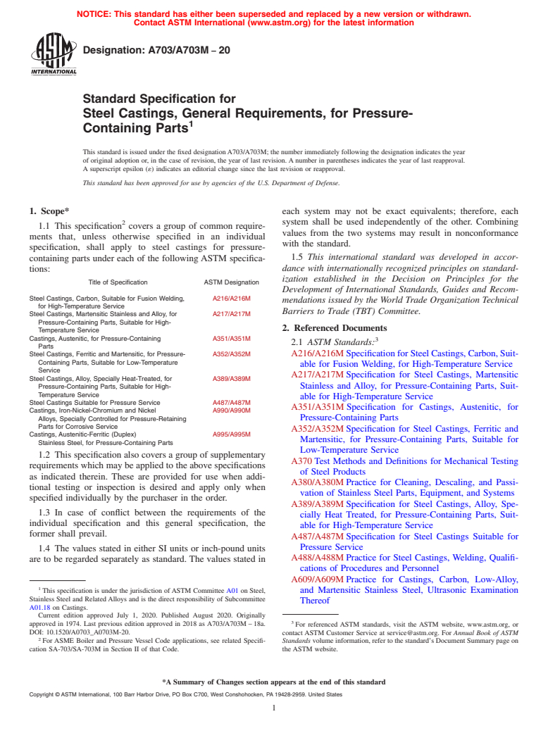 ASTM A703/A703M-20 - Standard Specification for Steel Castings, General Requirements, for Pressure-Containing  Parts