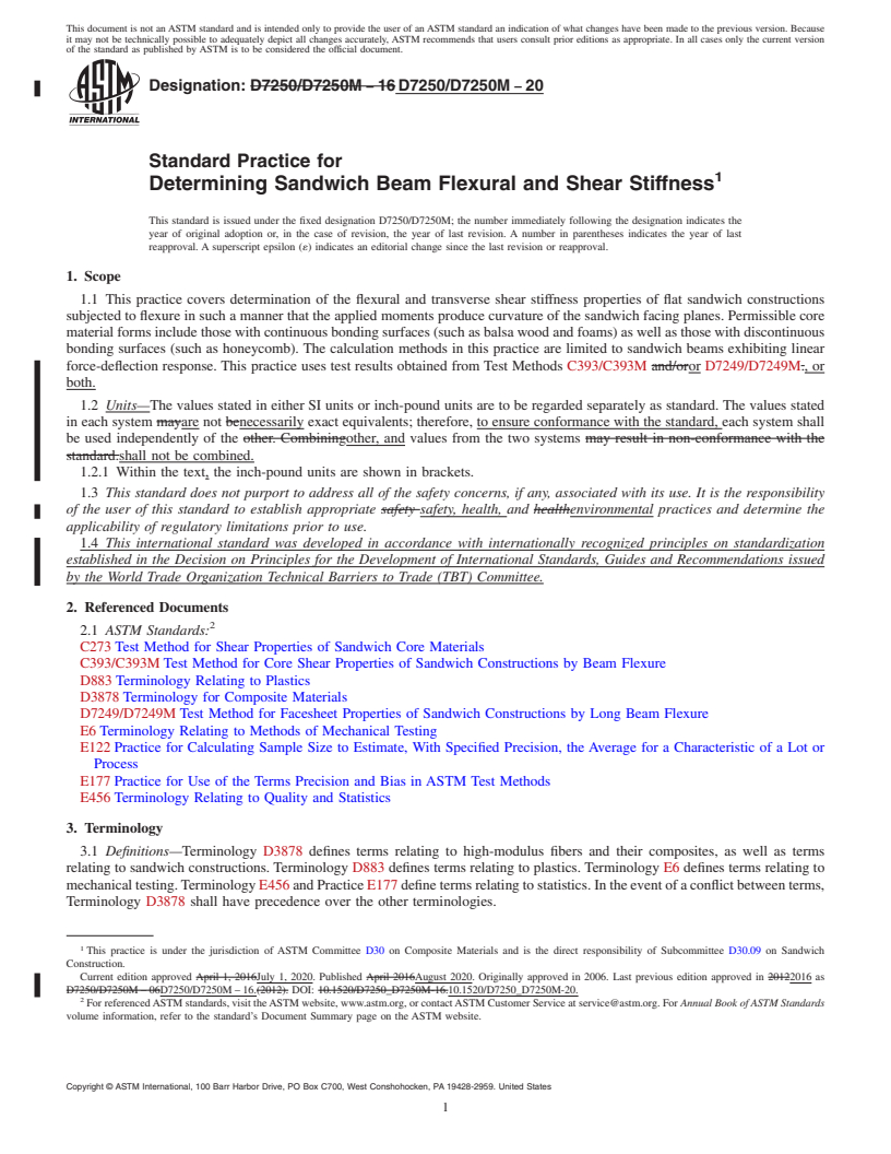 REDLINE ASTM D7250/D7250M-20 - Standard Practice for Determining Sandwich Beam Flexural and Shear Stiffness