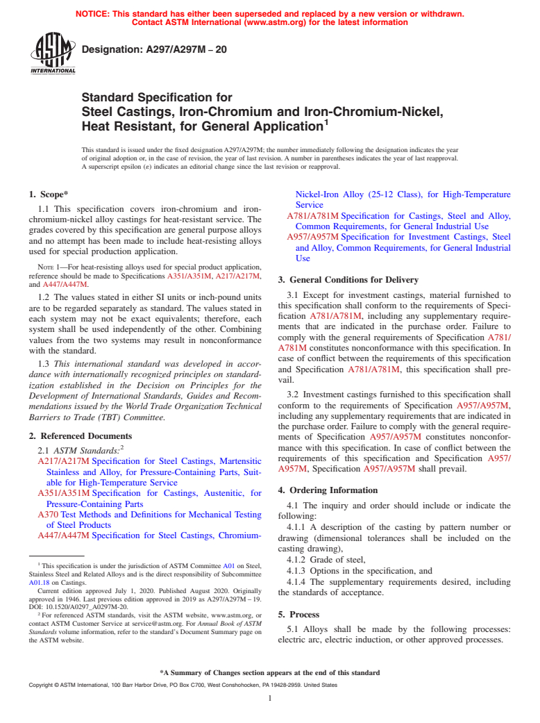 ASTM A297/A297M-20 - Standard Specification for Steel Castings, Iron-Chromium and Iron-Chromium-Nickel, Heat   Resistant, for General Application