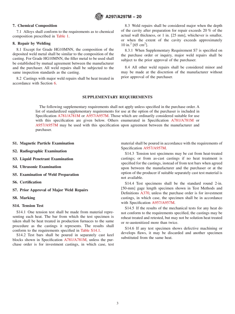 ASTM A297/A297M-20 - Standard Specification for Steel Castings, Iron-Chromium and Iron-Chromium-Nickel, Heat   Resistant, for General Application