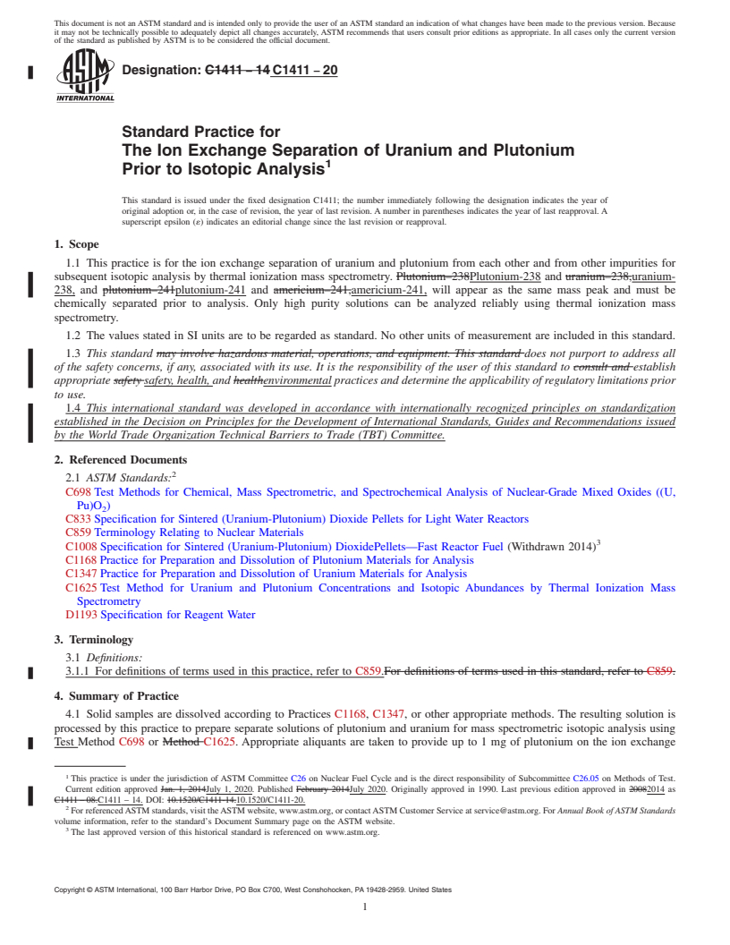 REDLINE ASTM C1411-20 - Standard Practice for  The Ion Exchange Separation of Uranium and Plutonium Prior  to Isotopic Analysis