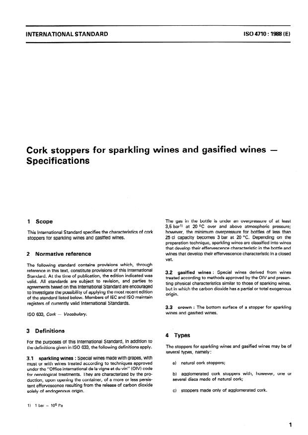 ISO 4710:1988 - Cork stoppers for sparkling wines and gasified wines -- Specifications
