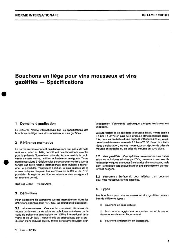 ISO 4710:1988 - Bouchons en liege pour vins mousseux et vins gazéifiés -- Spécifications