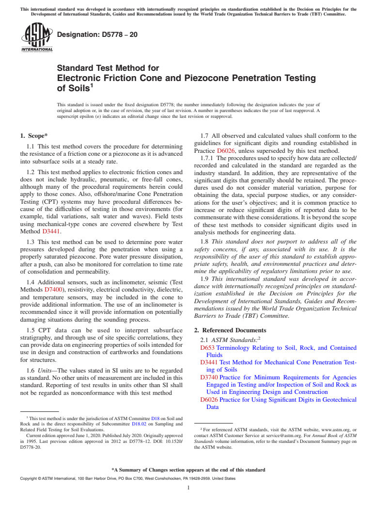 ASTM D5778-20 - Standard Test Method for Electronic Friction Cone and Piezocone Penetration Testing  of Soils