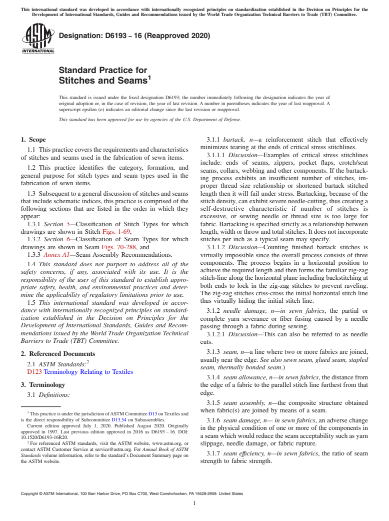 ASTM D6193-16(2020) - Standard Practice for  Stitches and Seams