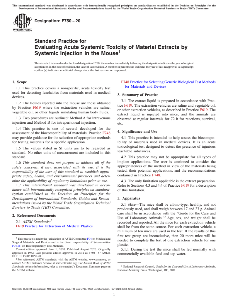 ASTM F750-20 - Standard Practice for  Evaluating Acute Systemic Toxicity of Material Extracts by  Systemic Injection in the Mouse