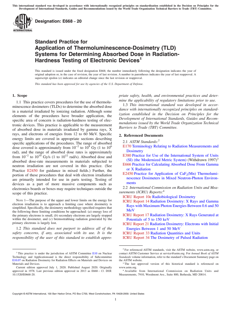 ASTM E668-20 - Standard Practice for  Application of Thermoluminescence-Dosimetry (TLD) Systems for  Determining Absorbed Dose in Radiation-Hardness Testing of Electronic  Devices