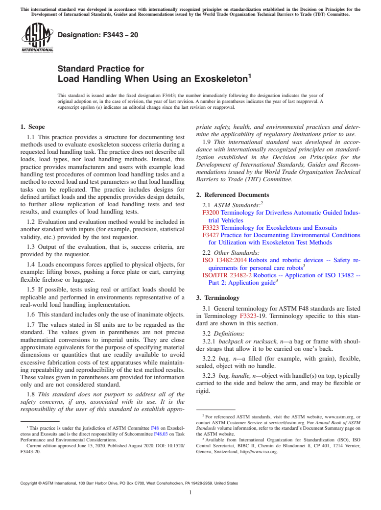 ASTM F3443-20 - Standard Practice for  Load Handling When Using an Exoskeleton
