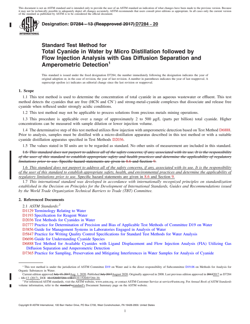 REDLINE ASTM D7284-20 - Standard Test Method for  Total Cyanide in Water by Micro Distillation followed by Flow  Injection Analysis with Gas Diffusion Separation and Amperometric  Detection