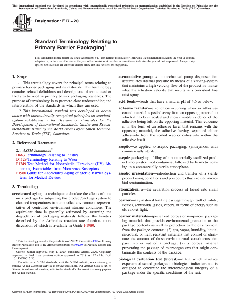 ASTM F17-20 - Standard Terminology Relating to  Primary Barrier Packaging