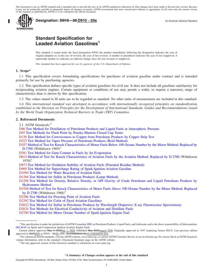 REDLINE ASTM D910-20a - Standard Specification for  Leaded Aviation Gasolines