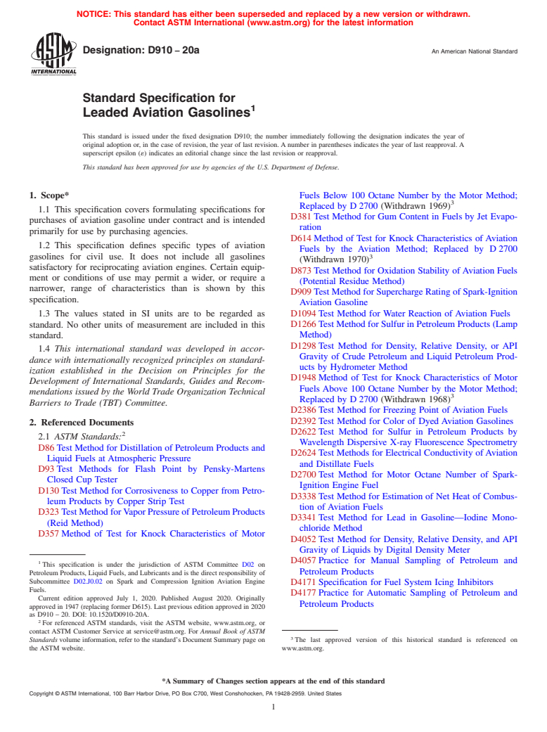 ASTM D910-20a - Standard Specification for  Leaded Aviation Gasolines