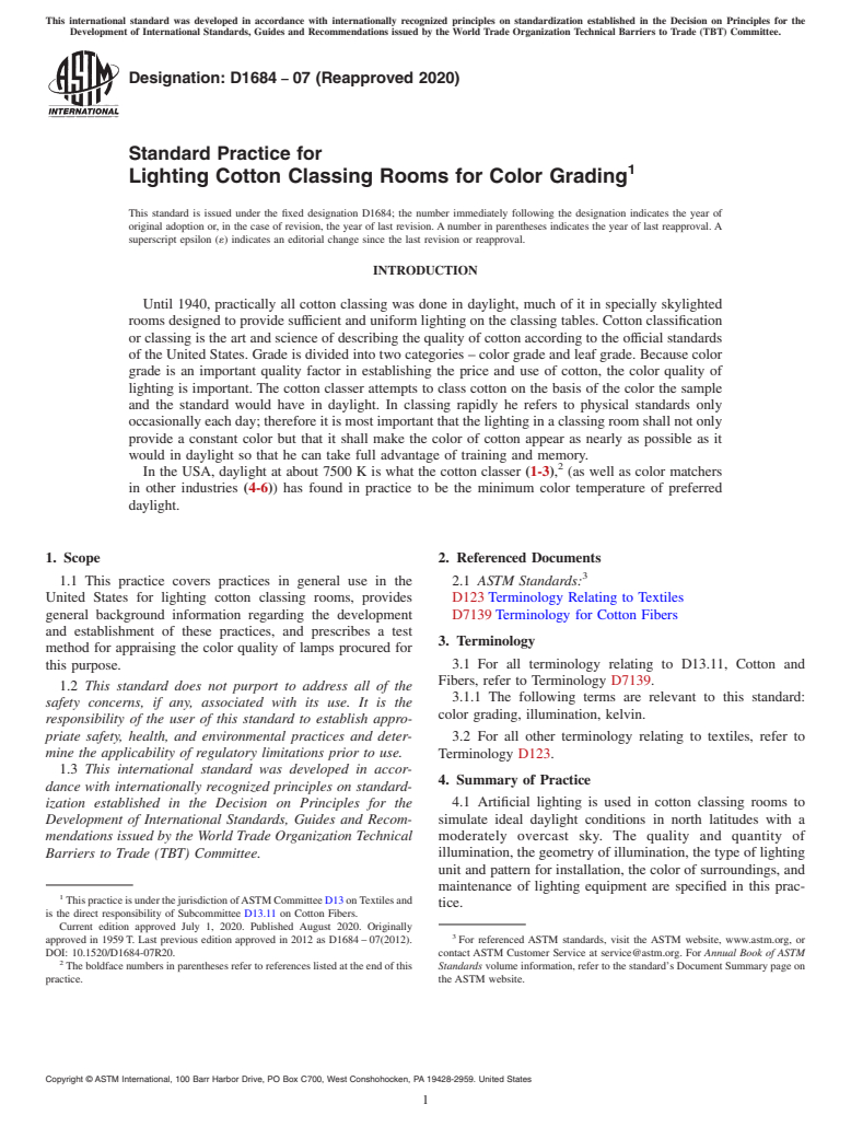 ASTM D1684-07(2020) - Standard Practice for  Lighting Cotton Classing Rooms for Color Grading