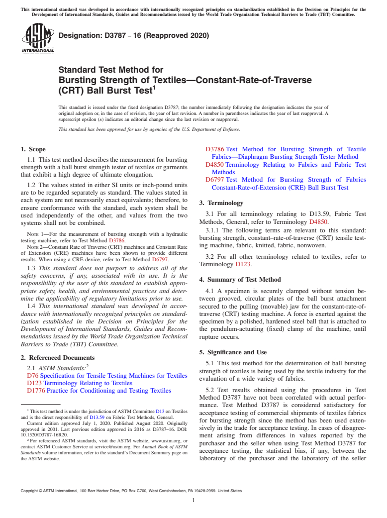 ASTM D3787-16(2020) - Standard Test Method for  Bursting Strength of Textiles&#x2014;Constant-Rate-of-Traverse  (CRT) Ball Burst Test