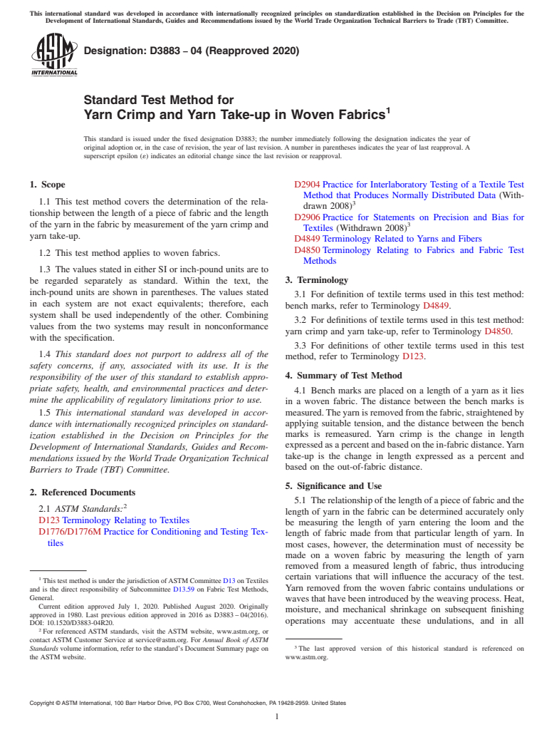 ASTM D3883-04(2020) - Standard Test Method for  Yarn Crimp and Yarn Take-up in Woven Fabrics