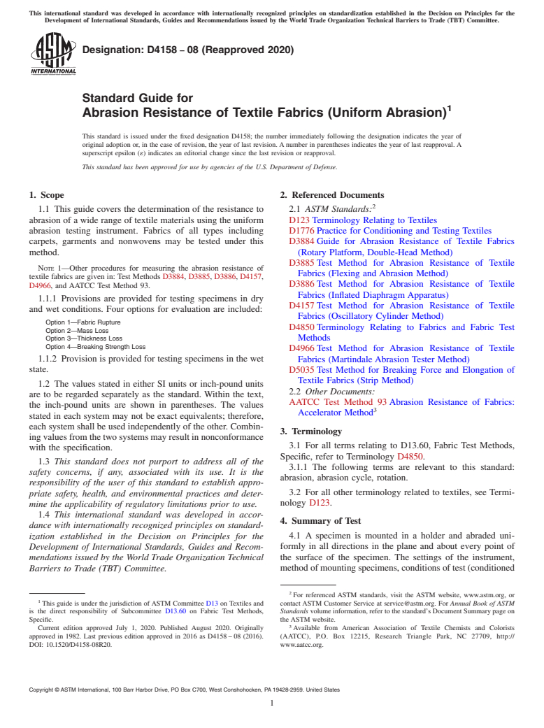 ASTM D4158-08(2020) - Standard Guide for  Abrasion Resistance of Textile Fabrics (Uniform Abrasion)