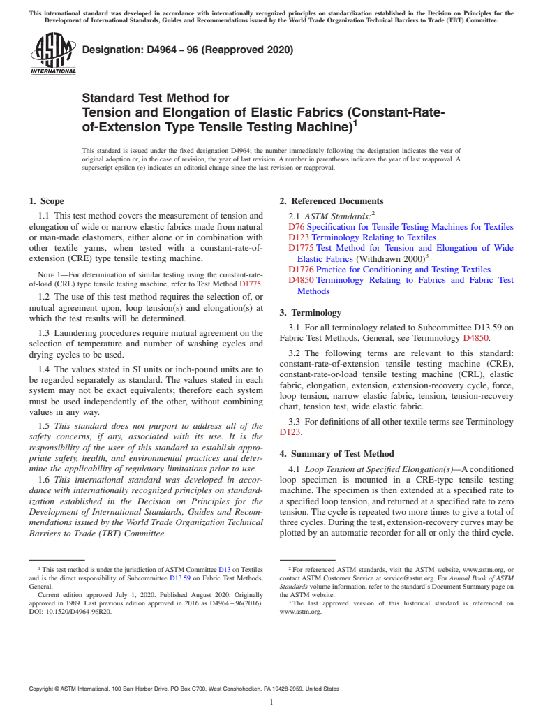 ASTM D4964-96(2020) - Standard Test Method for  Tension and Elongation of Elastic Fabrics (Constant-Rate-of-Extension  Type Tensile Testing Machine)