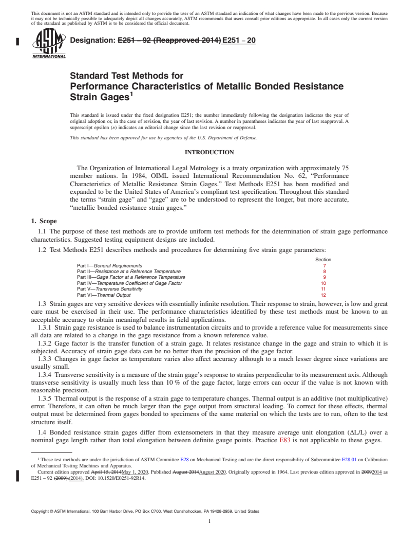 REDLINE ASTM E251-20 - Standard Test Methods for  Performance Characteristics of Metallic Bonded Resistance Strain  Gages