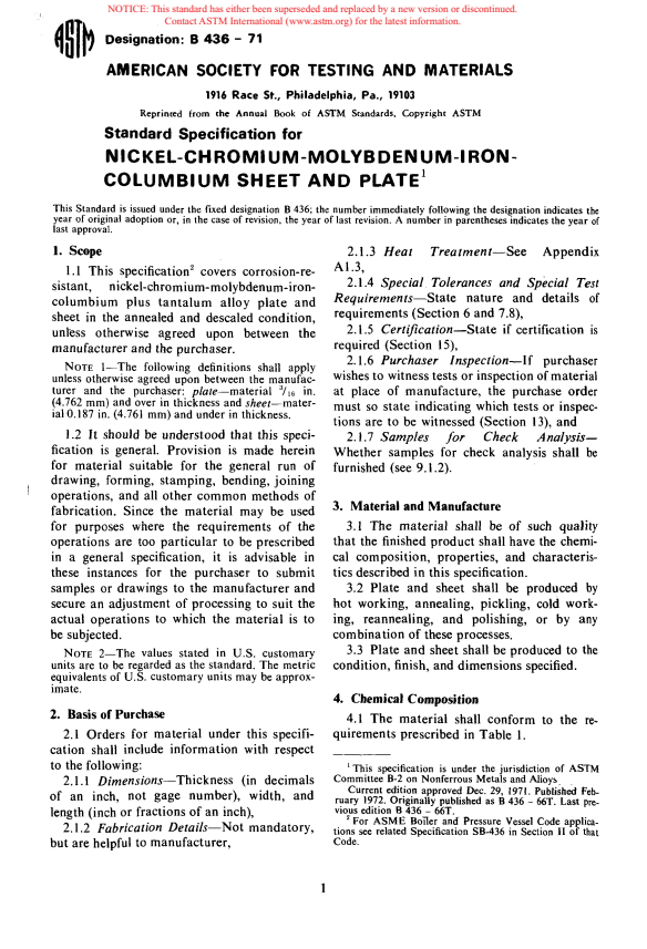 ASTM B436-71 - Specification for Nickel-Chromium-Molybdenum-Iron-Columbium Alloy (UNS NO6001) Sheet and Plate (Withdrawn 1979)