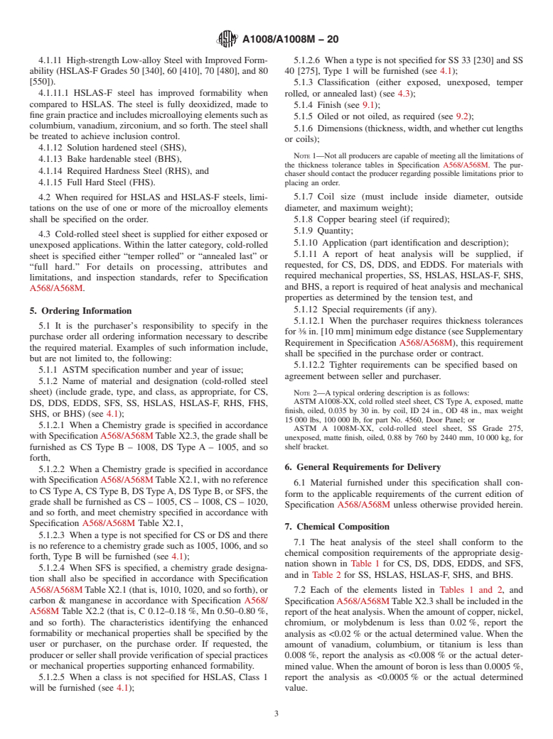 ASTM A1008/A1008M-20 - Standard Specification for  Steel, Sheet, Cold-Rolled, Carbon, Structural, High-Strength  Low-Alloy, High-Strength Low-Alloy with Improved Formability, Required  Hardness, Solution Hardened, and Bake Hardenable