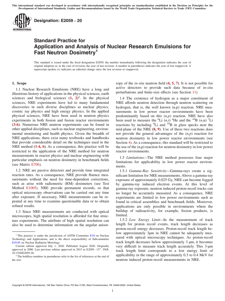 ASTM E2059-20 - Standard Practice for  Application and Analysis of Nuclear Research Emulsions for  Fast Neutron Dosimetry