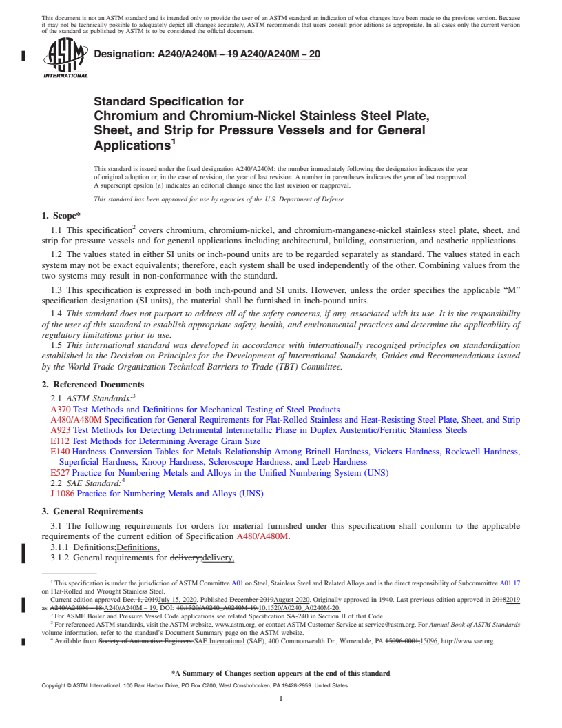 REDLINE ASTM A240/A240M-20 - Standard Specification for  Chromium and Chromium-Nickel Stainless Steel Plate, Sheet,  and Strip for Pressure Vessels and for General Applications