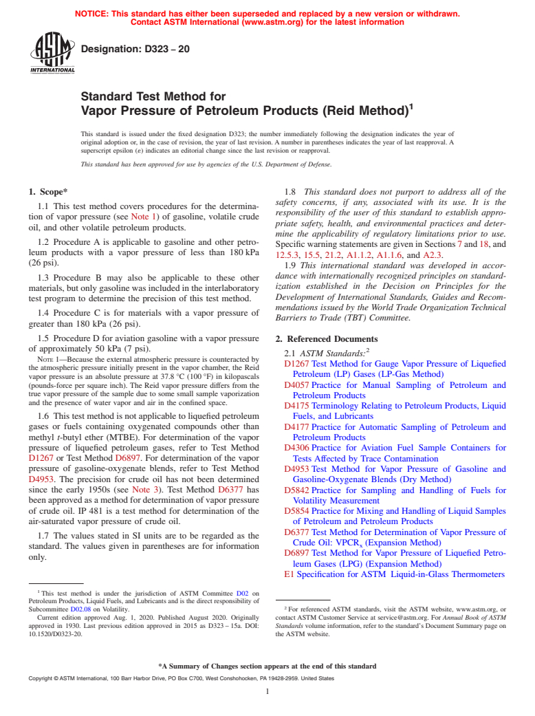 ASTM D323-20 - Standard Test Method for  Vapor Pressure of Petroleum Products (Reid Method)