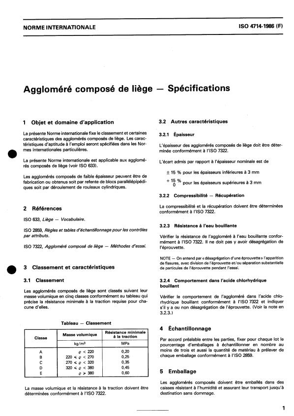 ISO 4714:1986 - Aggloméré composé de liege -- Spécifications
