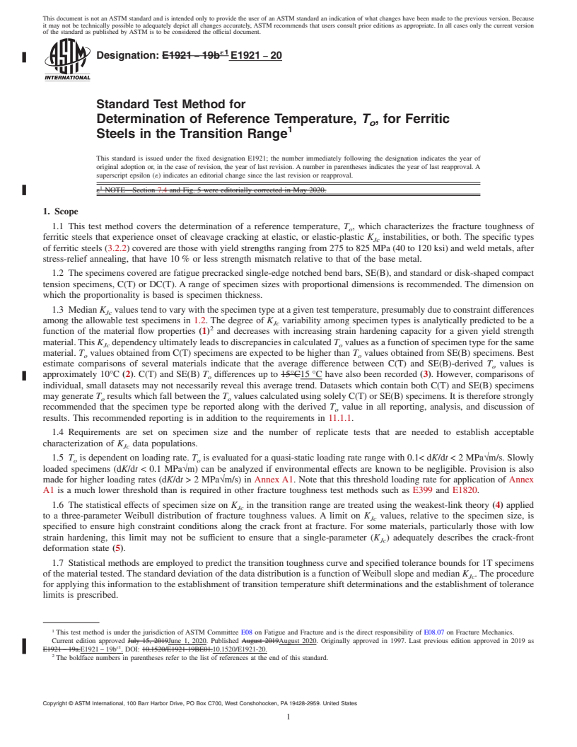 REDLINE ASTM E1921-20 - Standard Test Method for  Determination of Reference Temperature, <emph type="bdit">T<inf  >o</inf></emph>,  for Ferritic Steels in the Transition Range